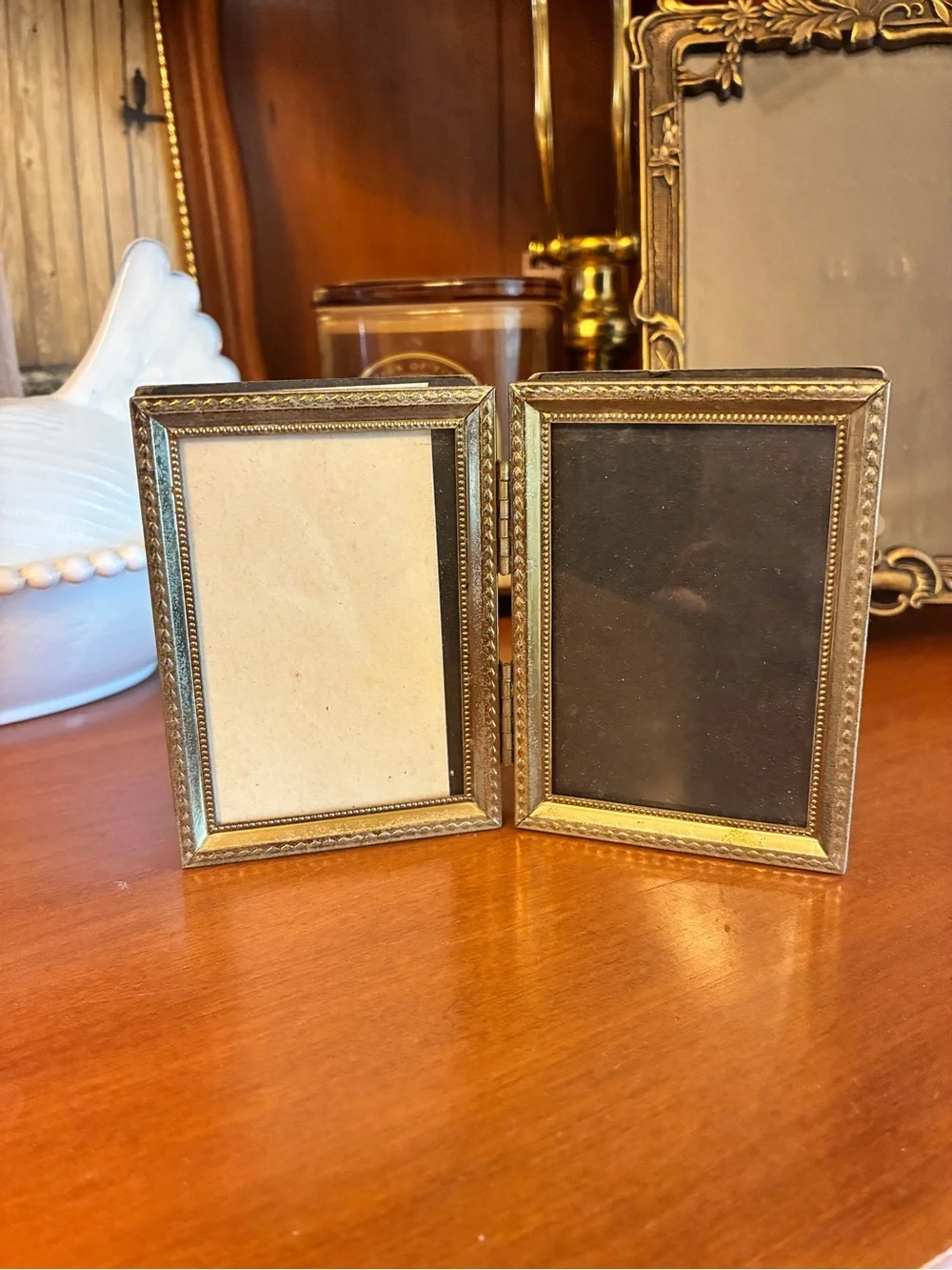 Vintage Mid Century Gold Bifold Picture Frame Holds Two 2.5